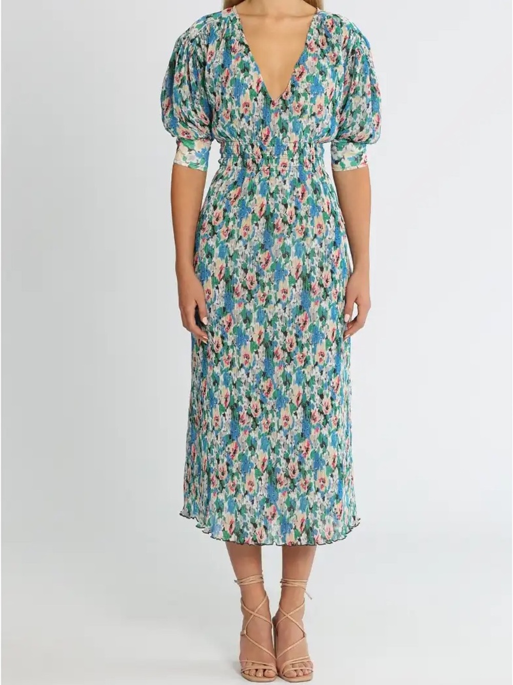 Ganni Teal Floral V-Neck Puff-Sleeve Midi Dress